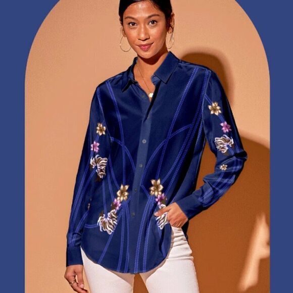 Tucker Brooklyn Shirt Art Nouveau Floral in Royal Blue in Silk Stretch Charmeuse - Picture 1 of 1